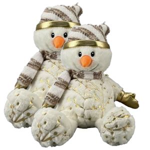 2x stuks pluche sneeuwpop knuffels pop met muts en sjaal 28 cm