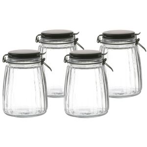 Voorraadpot/bewaarpot - 4x - 1,5L - glas - met beugelsluiting - mat zwarte deksel