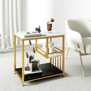 3 Niveaus Bijzettafel van Imitatiemarmer met Opbergplanken Luxe Rechthoekige Bijzettafel met Metalen Frame Modern Nachtkastje