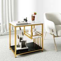 3 Niveaus Bijzettafel van Imitatiemarmer met Opbergplanken Luxe Rechthoekige Bijzettafel met Metalen Frame Modern Nachtkastje