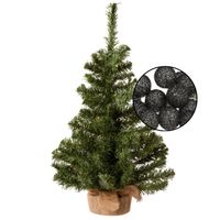 Mini kerstboom groen met verlichting - in jute zak - H60 cm - zwart - Kunstkerstboom - thumbnail