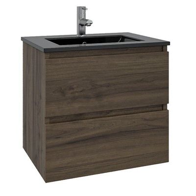 Adema Chaci Badkamermeubelset - 60x46x57cm - 1 keramische wasbak zwart - 1 kraangat - 2 lades - noten (hout) SW1212758/SW761654