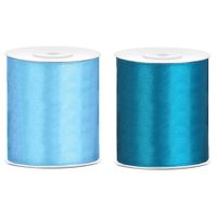 2x rollen hobby decoratie satijnlint blauw-turquoise blauw 10 cm x 25 meter - thumbnail