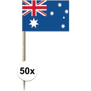 50x Vlaggetjes prikkers Australie 8 cm hout/papier   -