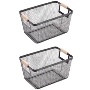 Opbergmand - 2x - met handgrepen - zwart - metaal - 31 x 22 x 14 cm - draadmand