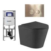 QeramiQ Dely Toiletset - 36.3x51.7cm - diepspoel - rimless - Geberit UP320 Burda inbouwreservoir - softclose toiletzitting - geborsteld messing bedieningsplaat - ronde knoppen - zwart mat SW1026253/0701131/SW706200/SW1000768