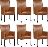 Set van 6 Cognac leren moderne eetkamerstoelen Spark - poot rond zwart met wiel - Vintage Leer Cognac (cognac leer)