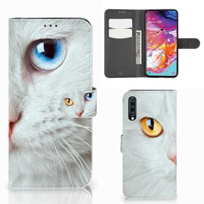 Samsung Galaxy A70 | Telefoonhoesje | Met pasjeshouder | Witte Kat