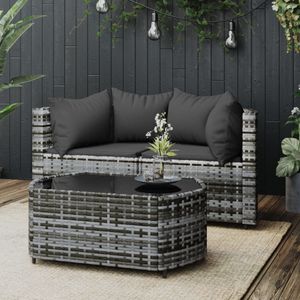 3-delige Loungeset met kussens poly rattan grijs