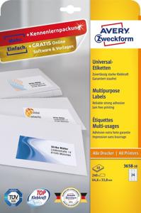 Avery-Zweckform 3658-10 Universele etiketten 64.6 x 33.8 mm Papier Wit 240 stuk(s) Permanent hechtend Inkjet, Laser (zwart/wit), Laser (kleur), Kopiëren