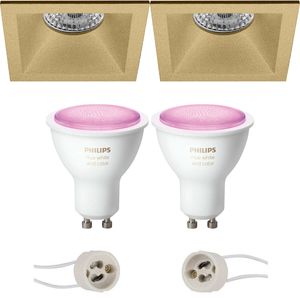 Pragmi Pollon Pro - Inbouw Vierkant - Mat Goud - Verdiept - 82mm - Philips Hue - LED Spot Set GU10 - White and Color Ambiance - Bluetooth
