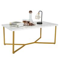 Moderne Salontafel Luxe Bank Bijzettafel met Kunstmarmer Tafelblad & Gouden Y-Vormige Poten & Verstelbare Voetdoppen Cocktailtafel