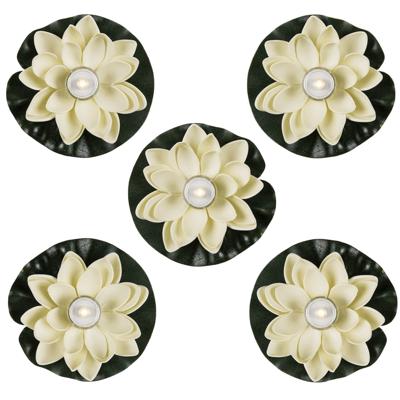 5x waterlelie met led-licht - wit - d13 cm - kunststof - drijvend - werkt op batterijen