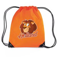 Holland cartoon leeuw voetbal rugzakje / sporttas met rijgkoord oranje - thumbnail