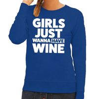 Girls just wanna have Wine tekst sweater blauw voor dames - thumbnail