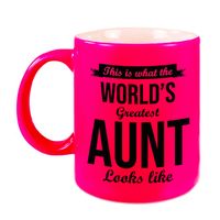 Worlds Greatest Aunt / tante cadeau koffiemok / theebeker neon roze 330 ml - thumbnail