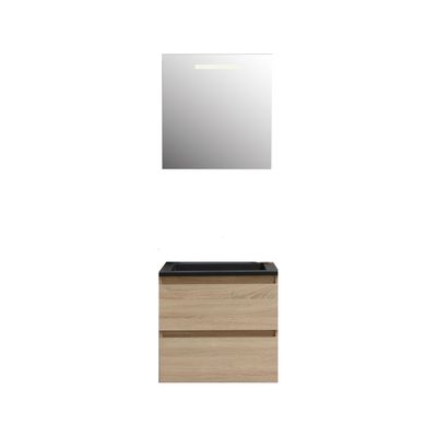 Badkamermeubel BWS Pepper Acryl Wastafel Mat Zwart Met Kraangat Inclusief Spiegel Met LED Verlichting 60x55x46 cm Eiken