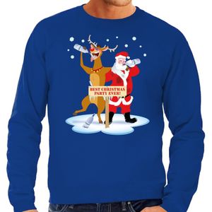 Grote maten foute kersttrui blauw met een dronken kerstman en Rudolf voor heren 4XL (60)  -