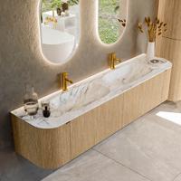 Badmeubel Mondiaz Kurve-Dlux | 190 cm | Meubelkleur Oak | Wastafelkleur Glace | Solid surface | Dubbele spoelbak | 2 kraangaten