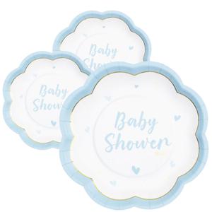 Feest/babyshower bordjes - geboorte - 24x - blauw - bloem vorm - papier/karton - 20 cm