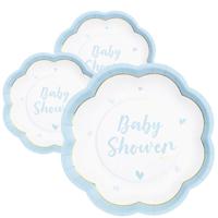 Feest/babyshower bordjes - geboorte - 24x - blauw - bloem vorm - papier/karton - 20 cm - thumbnail