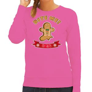 Foute Kersttrui/sweater voor dames - Gingerbread koekemannetje - roze - Bite Me