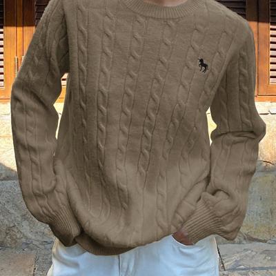 Bon&Bon Women's Navy Blue Polo Collar Cable-Knit Embroidered Sweater Brown / S