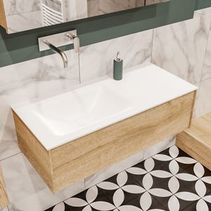 Mondiaz Lush Cloud badmeubel eiken licht 100 cm 1 lade solid surface enkele spoelbak links zonder kraangat