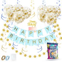 Fissaly® Verjaardag Slinger Blauw & Goud met Papieren Confetti Ballonnen – Decoratie – Happy Birthday - Letterslinger - thumbnail