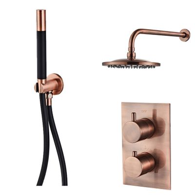 Regendouche set SaniClear Copper Pro | Inbouw | Thermostaatkraan | 2-weg | Rond | Geborsteld koper - Zwart