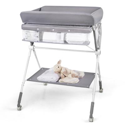 Draagbare Commode Opvouwbare Verschoontafel met 3-Voudig Verstelbare Hoogte en Vergrendelbare Wielen 81 x 66,5 x 95-101 cm-Grijs