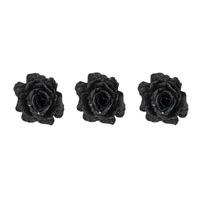 4x stuks decoratie bloemen roos zwart glitter op clip 10 cm - Kunstbloemen - thumbnail