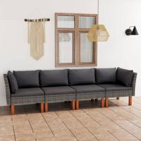Tuinbank 4-zits met kussens poly rattan grijs