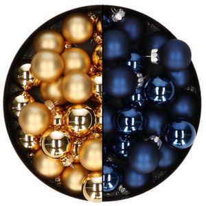 Mini kerstballen - 48x st - donkerblauw en goud - 2,5 cm - glas