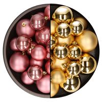 Kerstversiering kunststof kerstballen mix oud roze/goud 6-8-10 cm pakket van 44x stuks - thumbnail