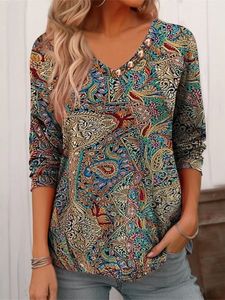 Casual Paisley V Neck Jersey T-Shirt