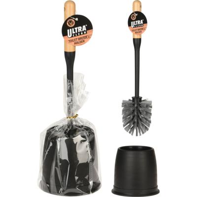 Ultra clean Toiletborstel met houder - 2x - zwart - kunststof en bamboe - 37,5 cm