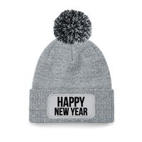 Happy New Year muts met pompon unisex - one size - grijs Happy New Year muts met pompon unisex - one size - grijs