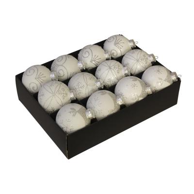 Othmar Decorations Kerstballen 12x - wit met zilver - 7,5 cm - glas - luxe gedecoreerde kerstballen
