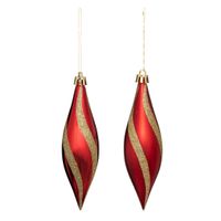 Kersthangers - druppels - 4x stuks - kunststof - rood/goud -15 cm - thumbnail