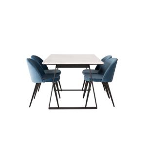 Estelle eethoek eetkamertafel marmer wit en 4 Velvet eetkamerstal velours blauw, zwart.