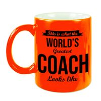 Worlds Greatest Coach cadeau mok/beker neon oranje 330 ml - feest mokken - thumbnail