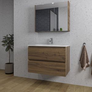 Adema Chaci Badkamermeubelset - 80x46x57cm - 1 ovale keramische wasbak wit - 1 kraangat - 2 lades - Spiegelkast - noten (hout) SW718697/SW718717/SW812067/SW812073