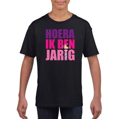 Verjaardag T-shirt voor meisjes - hoera ik ben jarig - roze tekst - zwart - jarige jop