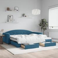 Slaapbank met onderschuifbed en lades 100x200 cm fluweel blauw