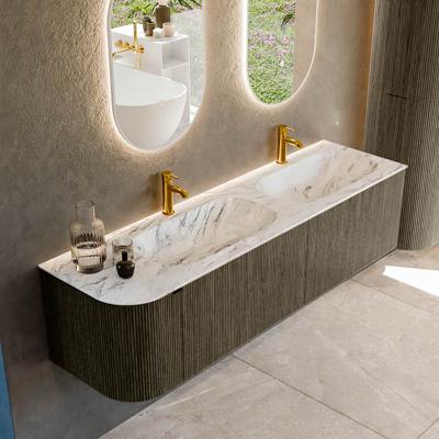 Badmeubel Mondiaz Kurve-Dlux | 165 cm cm | Meubelkleur Shadow | Wastafelkleur Glace | Solid surface | Dubbel / Rechts spoelbak | 2 kraangaten