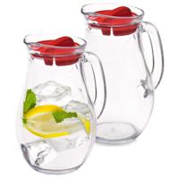 Waterkan/sapkan met schenkdop - 2x - 1 liter - glas - transparant/rood - 20 cm