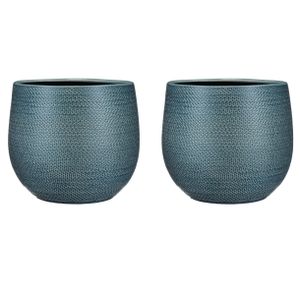 Set van 2x stuks bloempotten midnight blauw ribbels keramiek voor kamerplant H25 x D29 cm