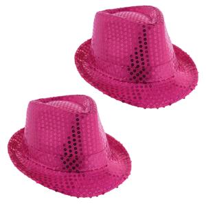 Carnaval verkleed hoedje - 2x - Trilby - roze - glitter pailletten - heren/dames - Carnaval