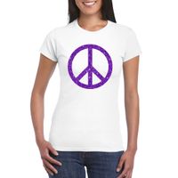 Wit Flower Power t-shirt paarse glitter peace teken dames 2XL  -